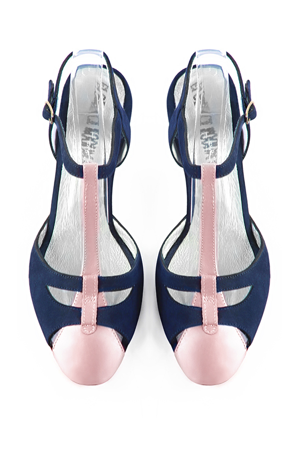 Light pink and navy blue women's open back T-strap shoes. Round toe. Medium slim heel. Top view - Florence KOOIJMAN